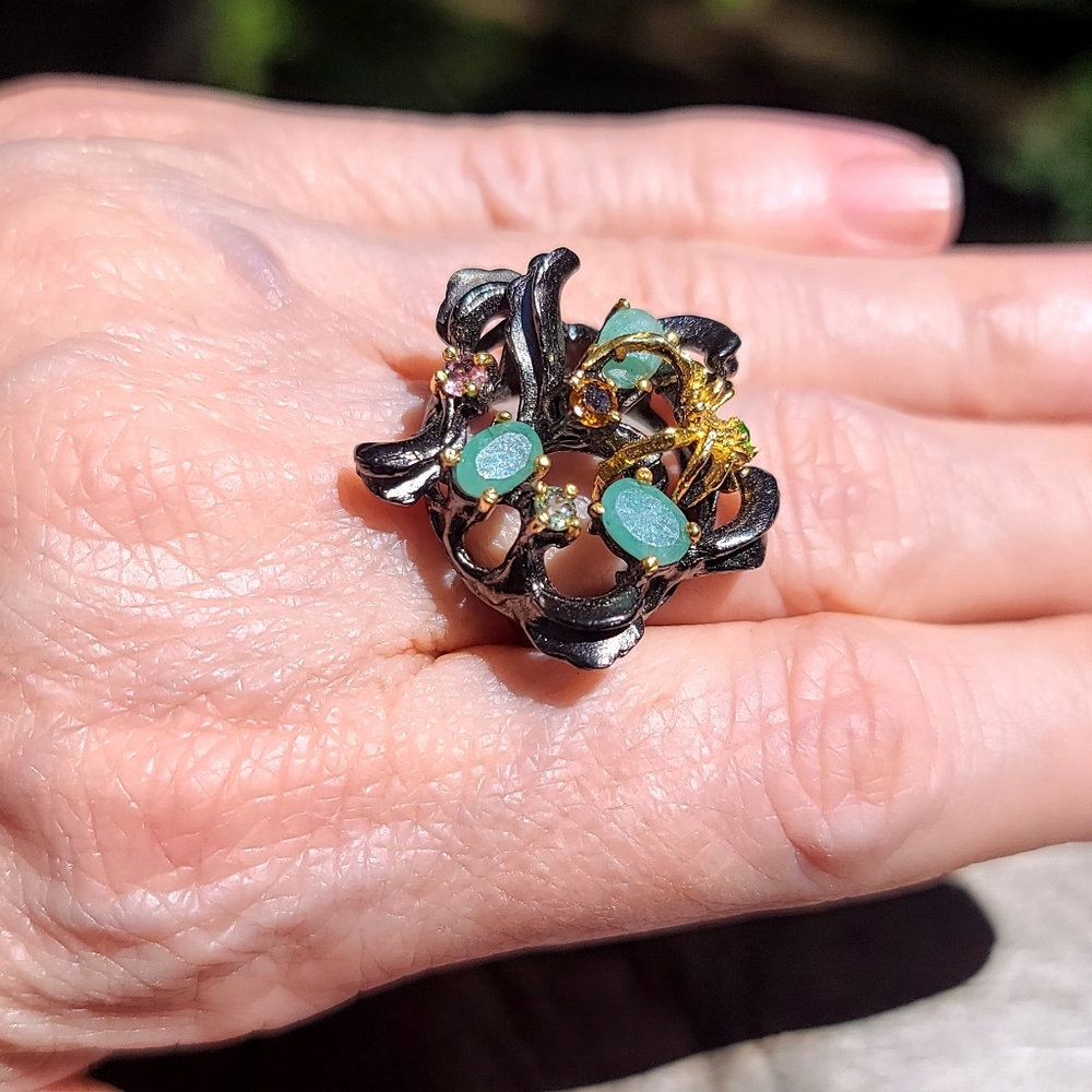 Emerald Peridot Tourmaline citrine aquamarine spider sterling silver ring sz9 - Picture 6 of 15